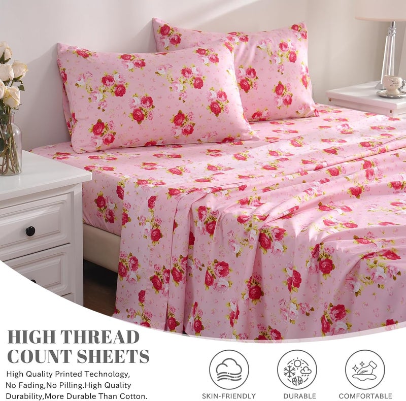 Bedlifes Full Size Sheet Sets Ultra Soft Breathable Silky Flower Bed Sheets Deep Pocket 100% Microfiber Bedding Sheets 4 Piece Full Size Pink Floral(Red Rose) - Image 3