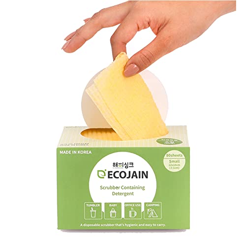 ecojain Disposable Scrub Sponge Contains Dried Detergent / Portable Pouch/ Small Size(12cmX10cm ±2cm),80Sheets / Cleaning Dishes Anytime,Anywhere / Portable Pre-soaped Wipe / No Need Detergent Yellow - Image 1