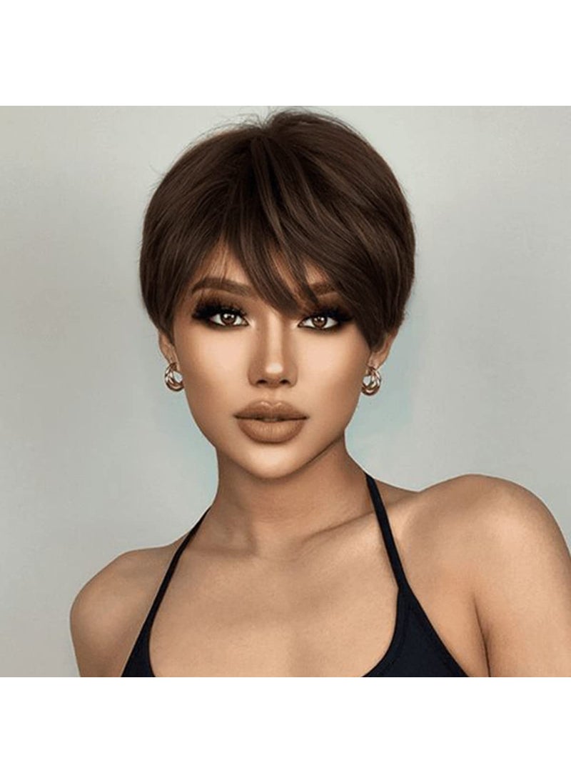 creamily - Creamily Short Brown Pixie Cut Wigs with Bangs Layered Pixie Short Wavy Hair Wig Natural Synthetic Full Hair Replacement Wigs for Women Halloween Costume Wigs - Image 1