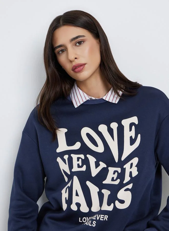 Take Two Take Two Navy Blue Slogan Print Relaxed Fit Sweatshirt