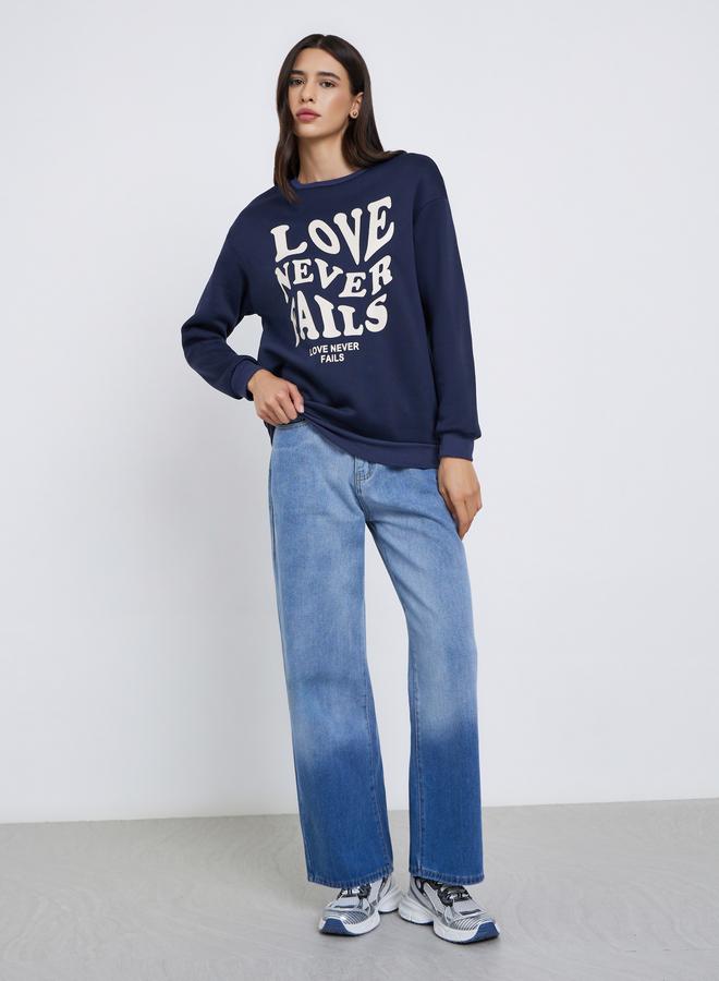 Take Two Navy Blue Slogan Print Relaxed Fit Sweatshirt - Image 2