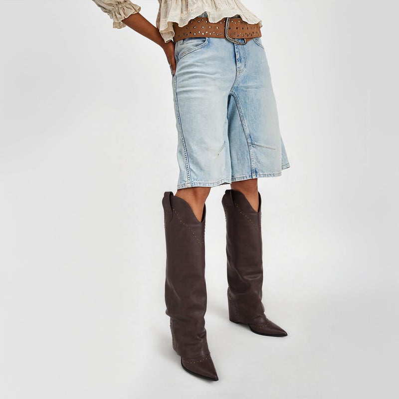 EQAUDES Fall Leather Boots for Women Brown Fold Over Slouchy Tall Boot - Knee High,Snip Toe,Shark Studded,Cowgirl Cowboy,Fashion Boots,Pull on - Image 5