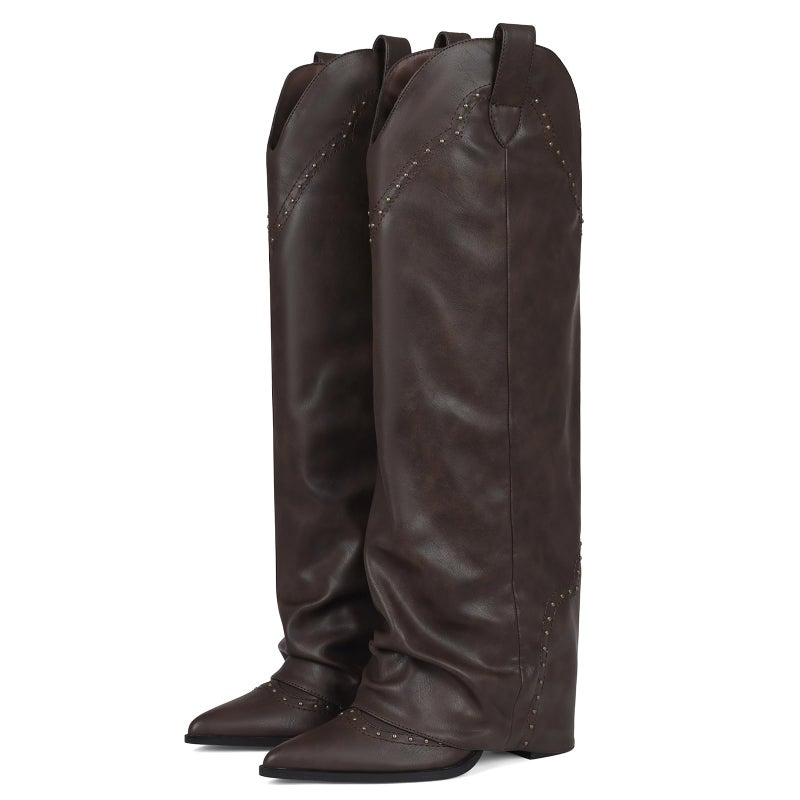 EQAUDES Fall Leather Boots for Women Brown Fold Over Slouchy Tall Boot - Knee High,Snip Toe,Shark Studded,Cowgirl Cowboy,Fashion Boots,Pull on - Image 1
