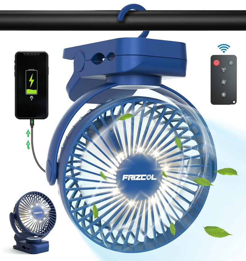 FRIZCOL Clip on Fan 65 Hours Portable Desk Fan Rechargeable with LED Lights Hooks 12000 Capacity Battery Operated Fan with Clips Small Desk Fan Mini Fans for Tents Travel Outdoor Camping Golf Cart Stroller  - Image 1