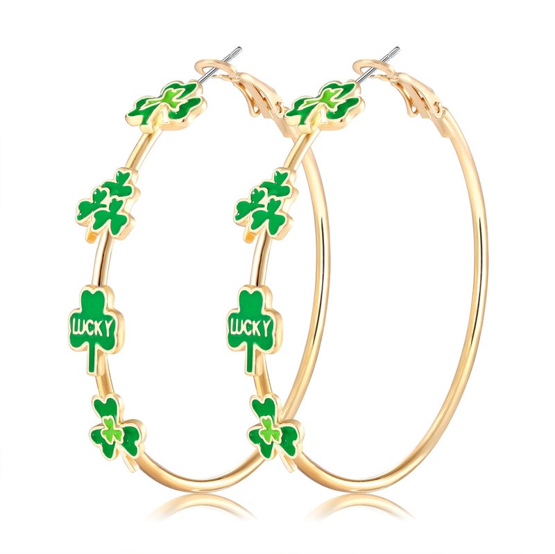 BVGA St Patrick's Day Hoop Earrings Green Shamrock Charm Earrings Festive Clover Luck Hat Leprechaun Funny Irish Hoop Earrings Jewelry Gift for Women - Image 1