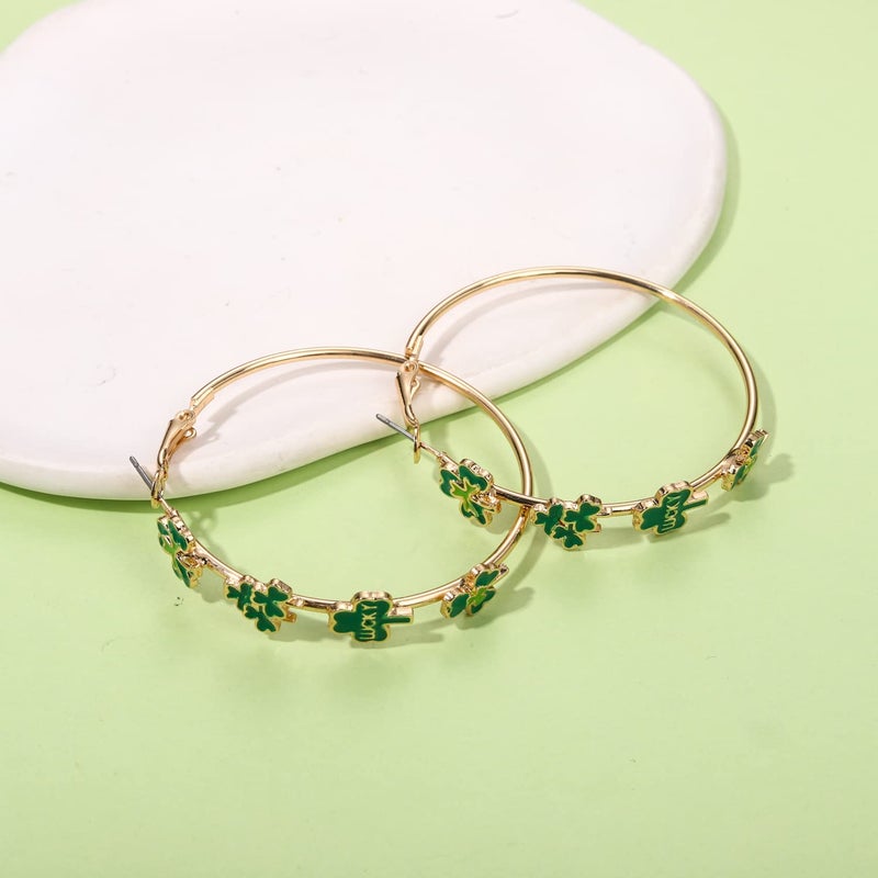 BVGA St Patrick's Day Hoop Earrings Green Shamrock Charm Earrings Festive Clover Luck Hat Leprechaun Funny Irish Hoop Earrings Jewelry Gift for Women - Image 3