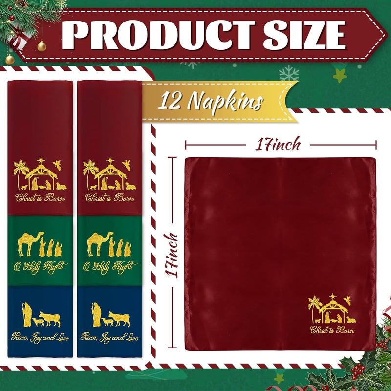 JarThenaAMCS 12Pcs Christmas Nativity Cloth Napkin Gold Embroidery Holy Night Satin Dinner Napkin Reusable Xmas Winter Kitchen Top Collection for Home Restaurant 17 x 17 Inch - Image 2