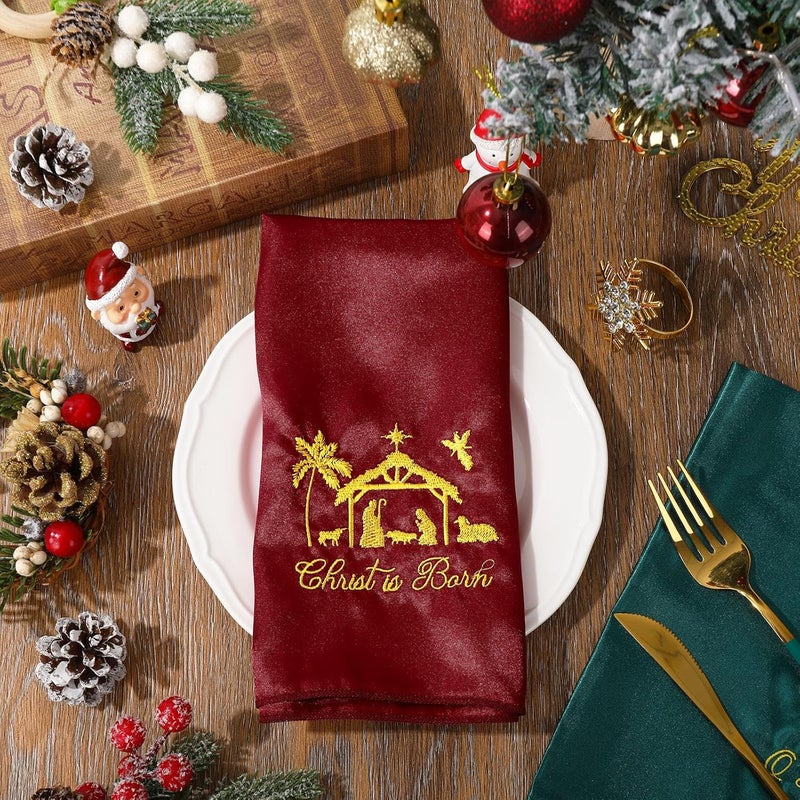 JarThenaAMCS 12Pcs Christmas Nativity Cloth Napkin Gold Embroidery Holy Night Satin Dinner Napkin Reusable Xmas Winter Kitchen Top Collection for Home Restaurant 17 x 17 Inch - Image 3