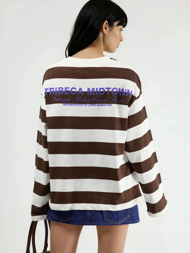 بوسيم BUSEM Oversized Striped Crew Neck Sweatshirt