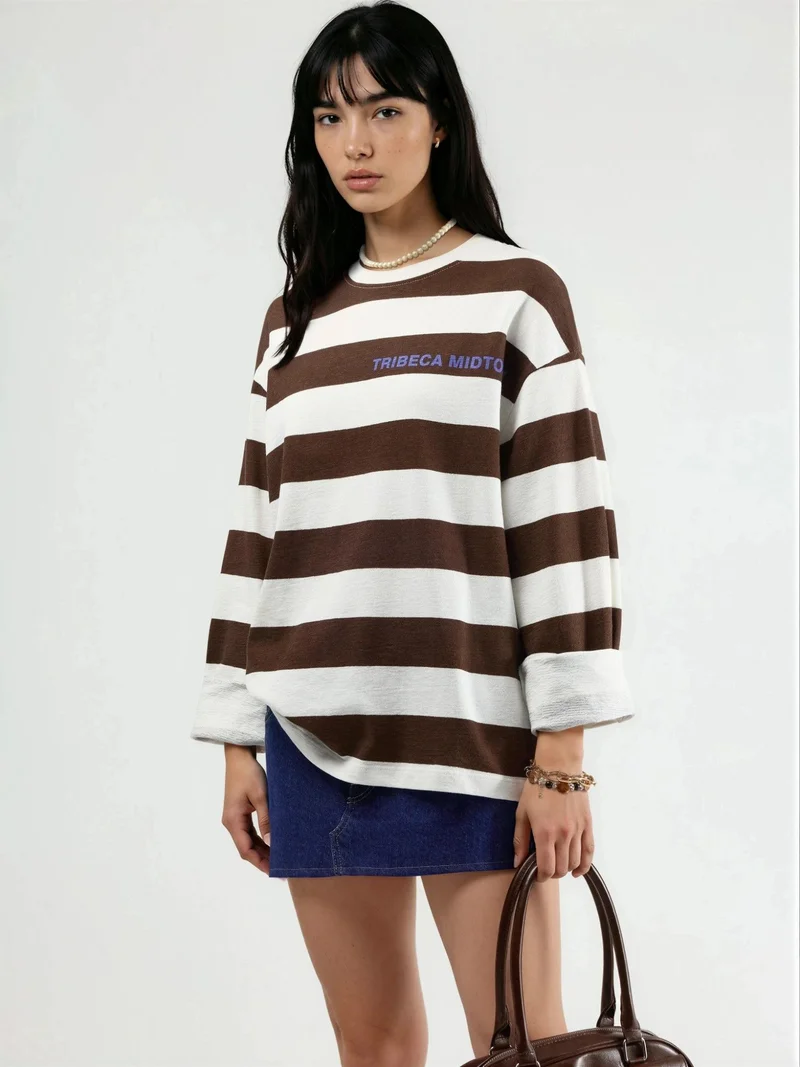 بوسيم BUSEM Oversized Striped Crew Neck Sweatshirt