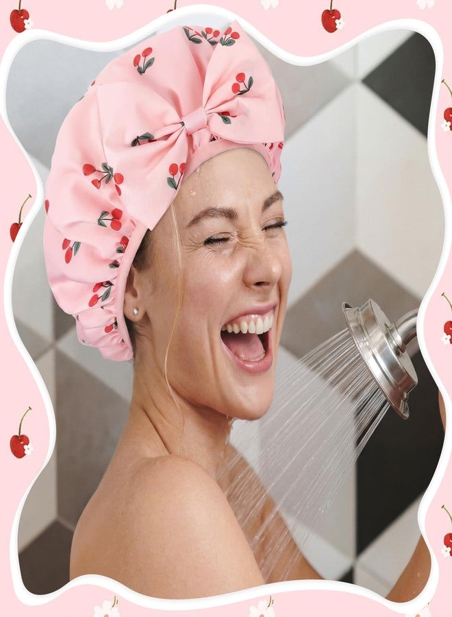 Janmercy Cherry Shower Cap for Women Terry Lined Shower Cap Reusable Waterproof Double Layer Bath Bonnet Adjustable Non-slip Quick Dry for Braids Long Straight Curly Hair Women Gifts - Image 5