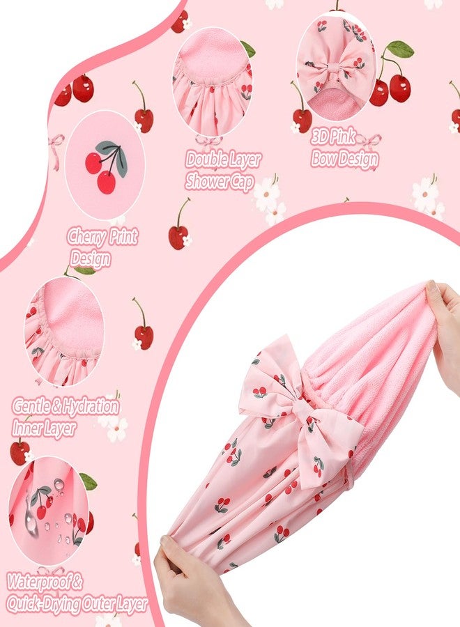 Janmercy Cherry Shower Cap for Women Terry Lined Shower Cap Reusable Waterproof Double Layer Bath Bonnet Adjustable Non-slip Quick Dry for Braids Long Straight Curly Hair Women Gifts - Image 3