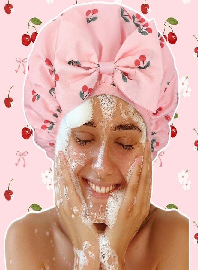 Janmercy Cherry Shower Cap for Women Terry Lined Shower Cap Reusable Waterproof Double Layer Bath Bonnet Adjustable Non-slip Quick Dry for Braids Long Straight Curly Hair Women Gifts - Image 4