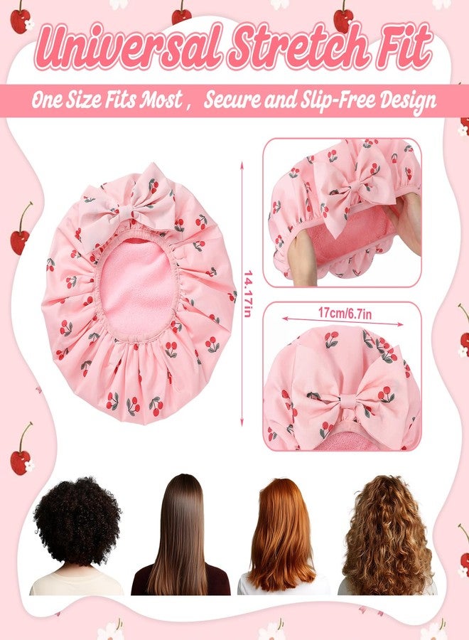 Janmercy Cherry Shower Cap for Women Terry Lined Shower Cap Reusable Waterproof Double Layer Bath Bonnet Adjustable Non-slip Quick Dry for Braids Long Straight Curly Hair Women Gifts - Image 2