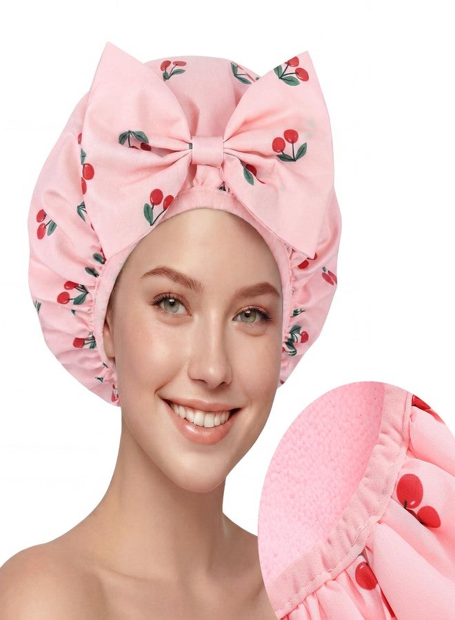 Janmercy Cherry Shower Cap for Women Terry Lined Shower Cap Reusable Waterproof Double Layer Bath Bonnet Adjustable Non-slip Quick Dry for Braids Long Straight Curly Hair Women Gifts - Image 1