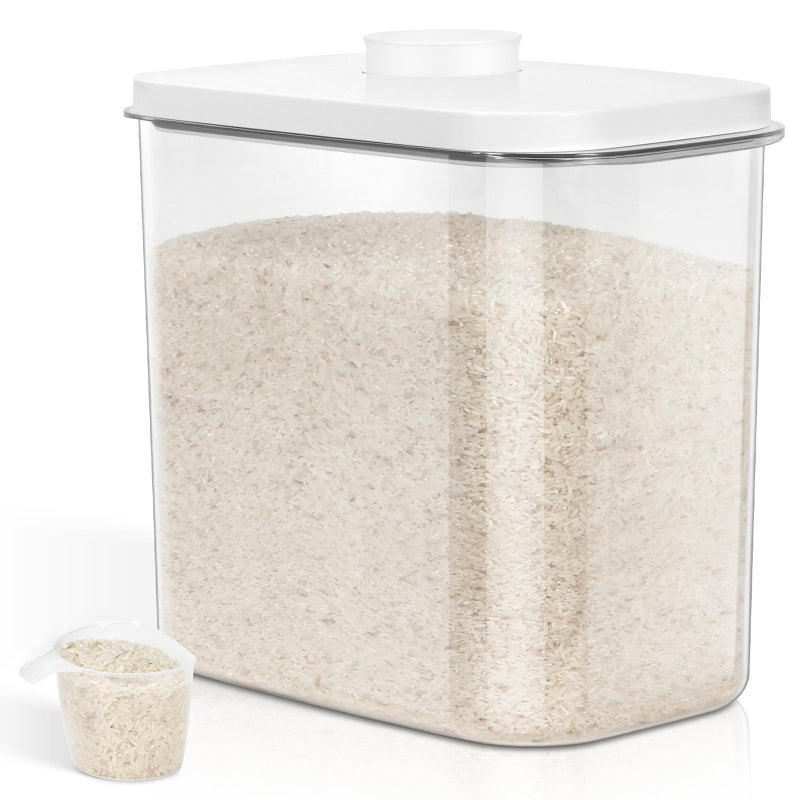 TBMax Large Rice Container 25 Lbs with Easy-Carrying Handles -12.7 Qt Flour Storage Container with Pop Up Lid & Hanging Hooks for Cleaner Use, Airtight Food Storage Bin for Kitchen Organization - Image 1