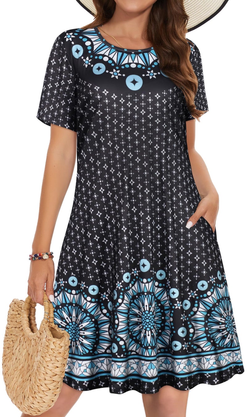 elescat Summer Dresses for Women Casual Short Sleeve Loose Beach Cover Up Scoop Neck Floral Sundress with Pockets(Black Star Boho, L) - Image 1