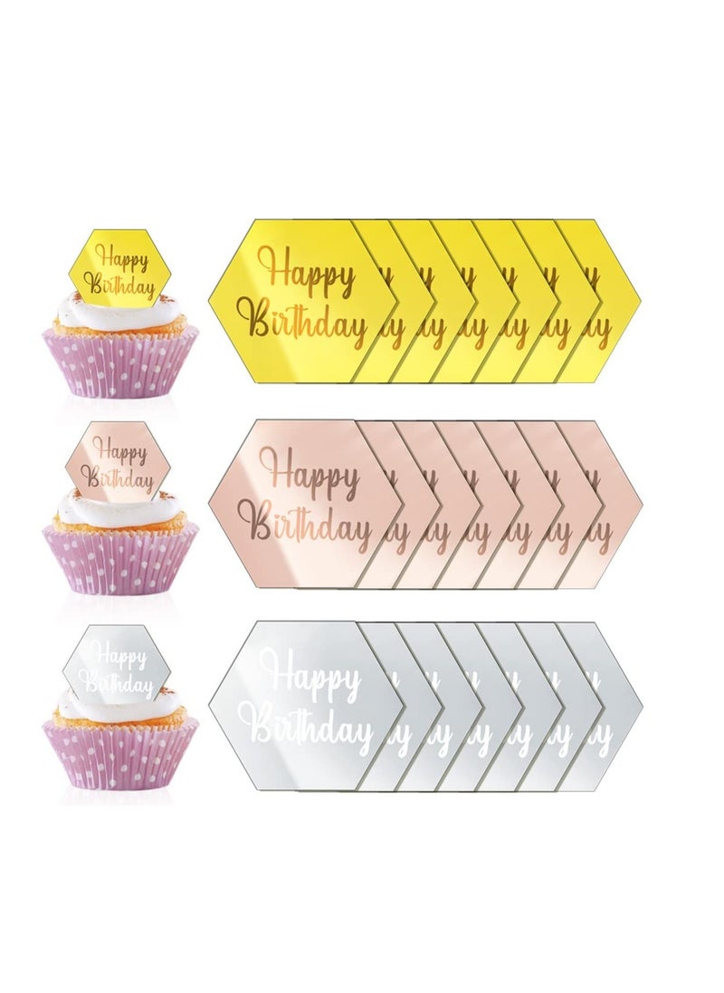Excefore Happy Birthday Cake Disc, 21Pcs Mini Acrylic Cupcake Toppers, Mirror Acrylic Cake Topper, Suitable for Birthday Party DIY Cupcake Decoration (Hexagon, 21)  - Image 1