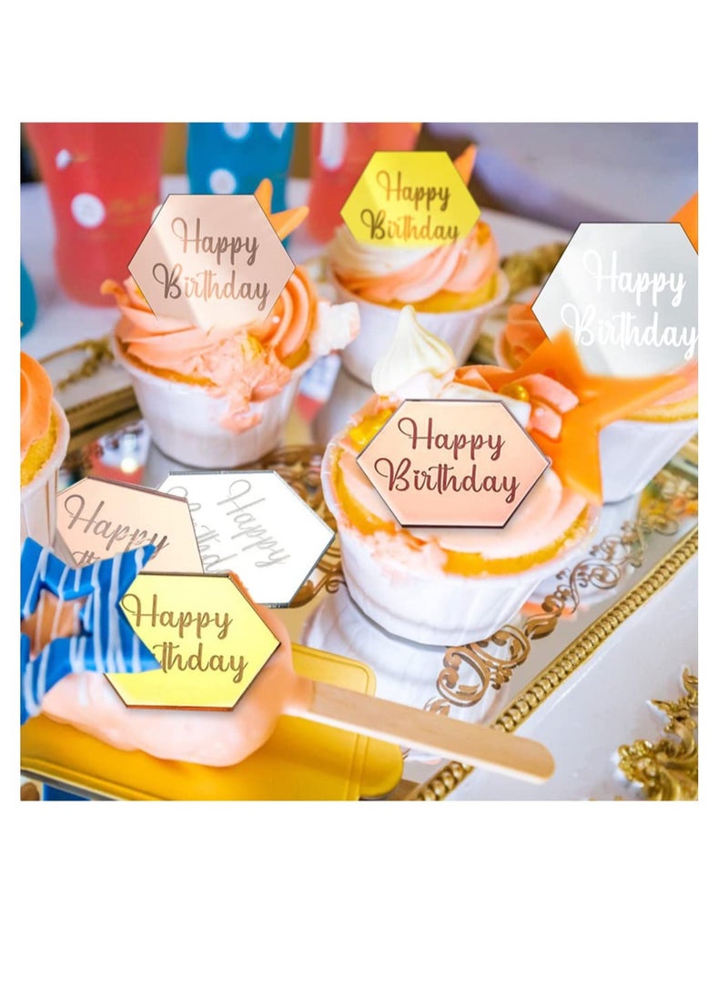 Excefore Happy Birthday Cake Disc, 21Pcs Mini Acrylic Cupcake Toppers, Mirror Acrylic Cake Topper, Suitable for Birthday Party DIY Cupcake Decoration (Hexagon, 21)  - Image 3