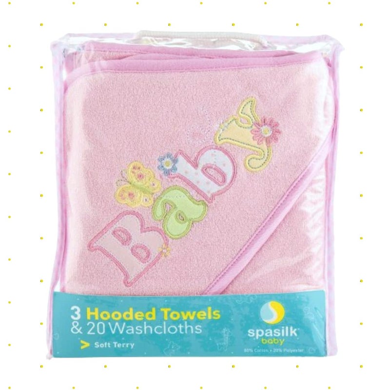 Spasilk Bath Hooded Towels & Washcloths Set for Babies, 23-Piece Gift Set, Pink - Image 3