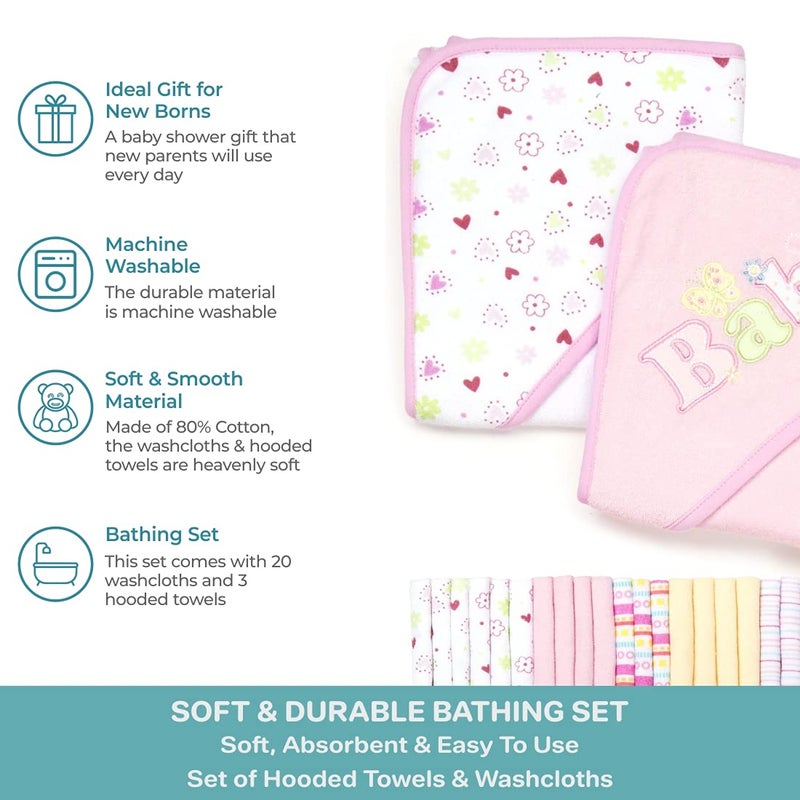 Spasilk Bath Hooded Towels & Washcloths Set for Babies, 23-Piece Gift Set, Pink - Image 4