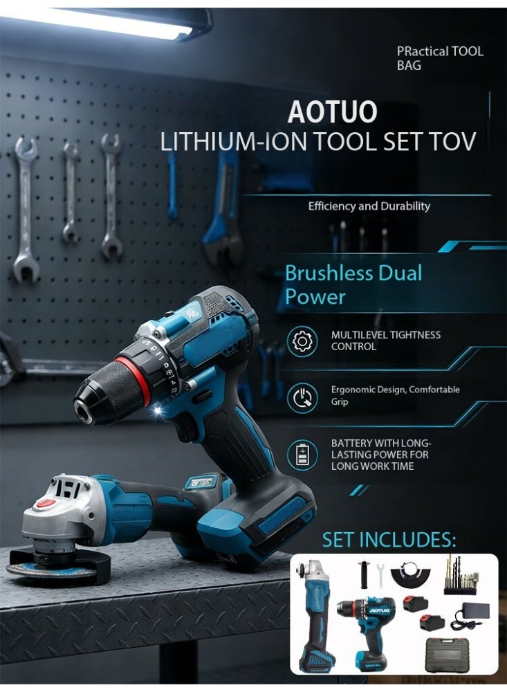 AOTUO Cordless Drill and Cordless Angle Grinder With 2 Batteries and Charger Brushless Electric Drill 2 Spee 25+3 Torque Setting Compact Drill Driver Kit for Home DIY Project - Image 2