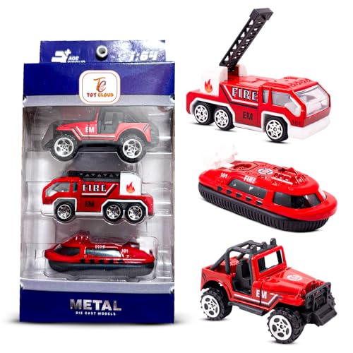 Toy Cloud Free Wheel Die-Cast Metal Fire Rescue Vehicle Set of 3, 1:64 Scale Model Vehicles Toys (Road Jeep, Hovercraft, and Ladder Truck) for Kids 3 Years and Above - Image 1