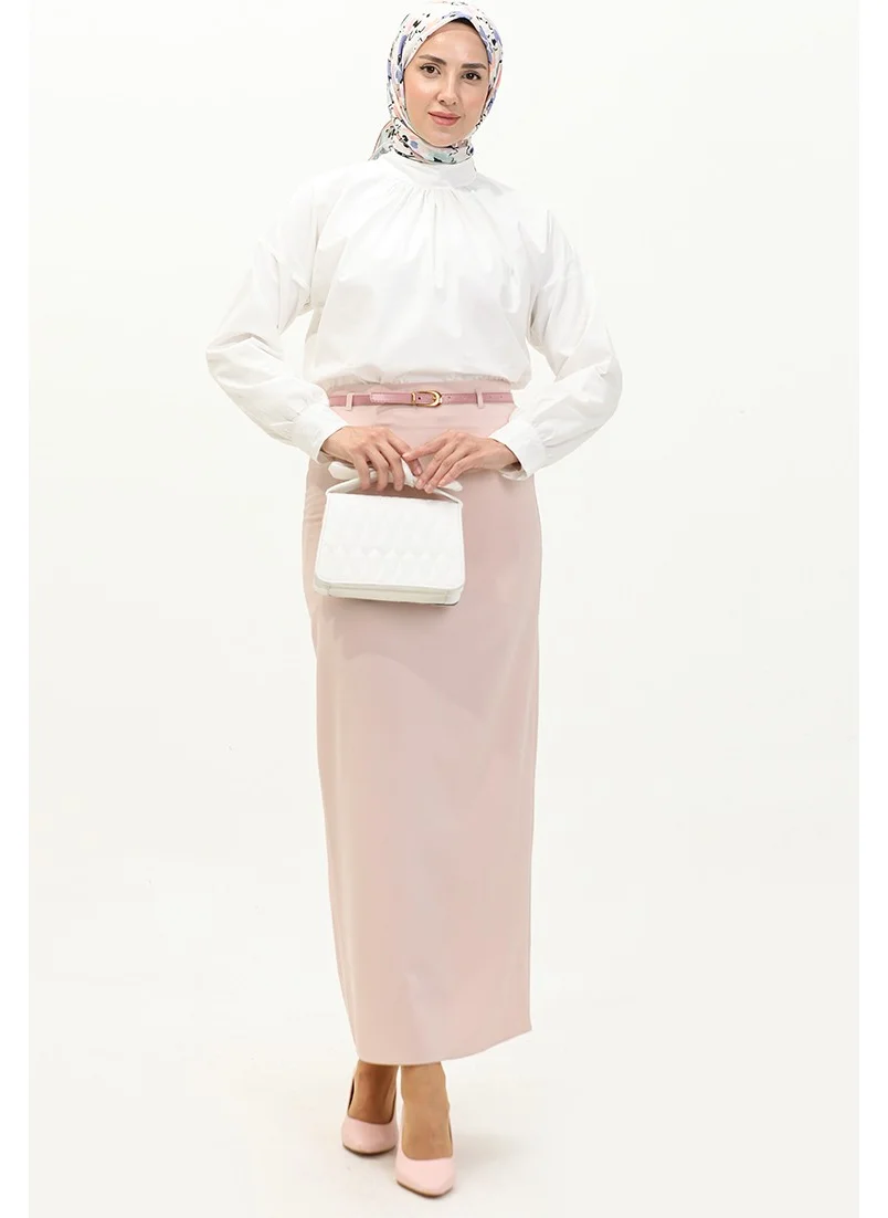Sefa Merve Belted Pencil Skirt 2247-04 Powder