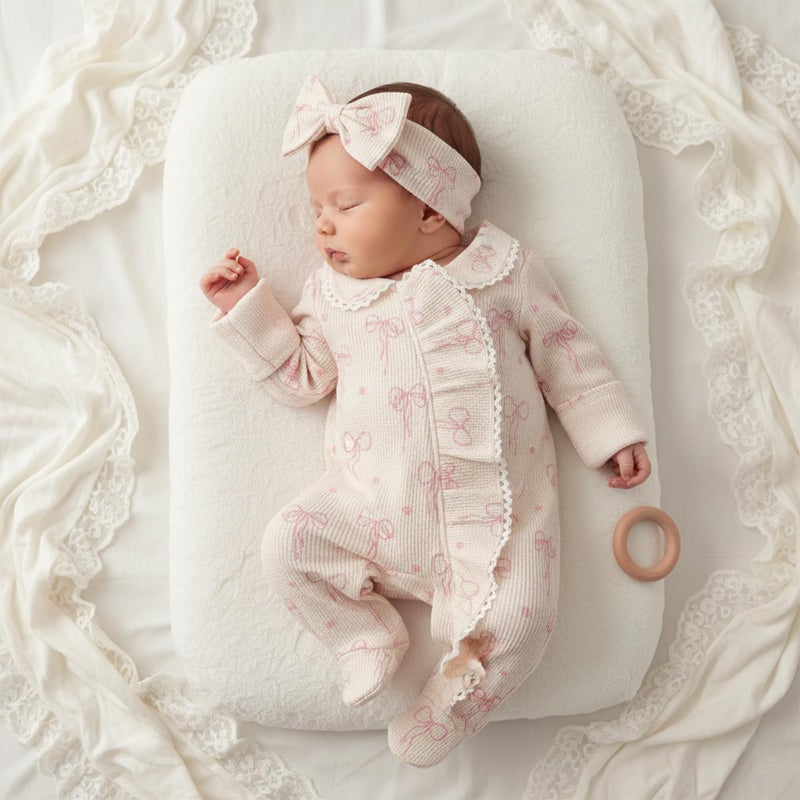allshope Newborn Baby Girl Fall Outfit Romper Footies Waffle Bow Zip Up Footed Jumpsuit Ruffle Trim Infant Clothes (Color Khaki, 0-3 Months) - Image 3