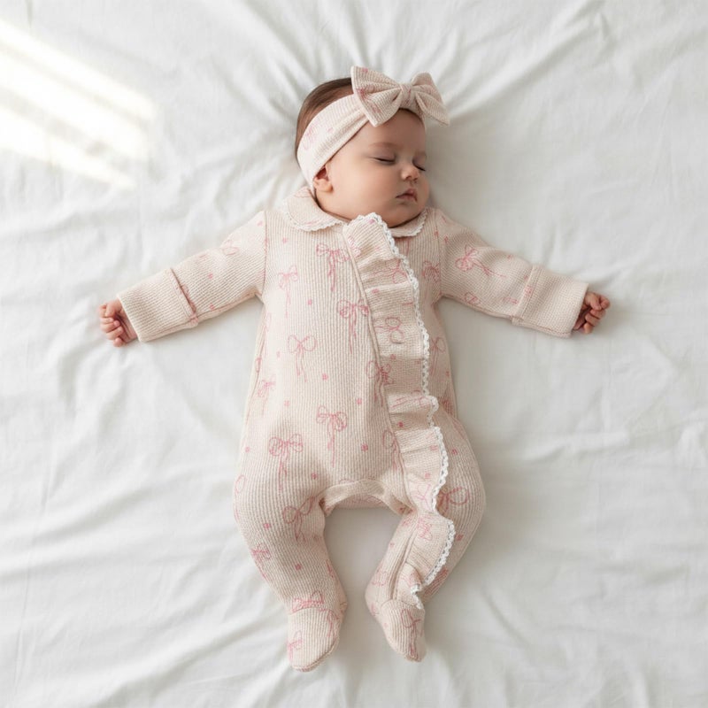 allshope Newborn Baby Girl Fall Outfit Romper Footies Waffle Bow Zip Up Footed Jumpsuit Ruffle Trim Infant Clothes (Color Khaki, 0-3 Months) - Image 2