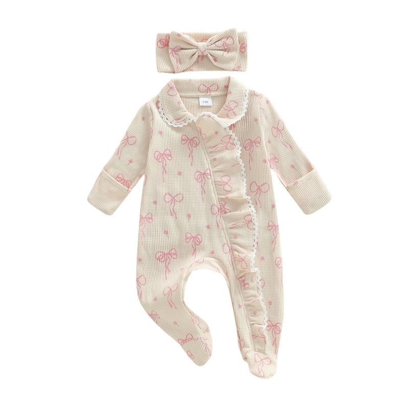 allshope Newborn Baby Girl Fall Outfit Romper Footies Waffle Bow Zip Up Footed Jumpsuit Ruffle Trim Infant Clothes (Color Khaki, 0-3 Months) - Image 1
