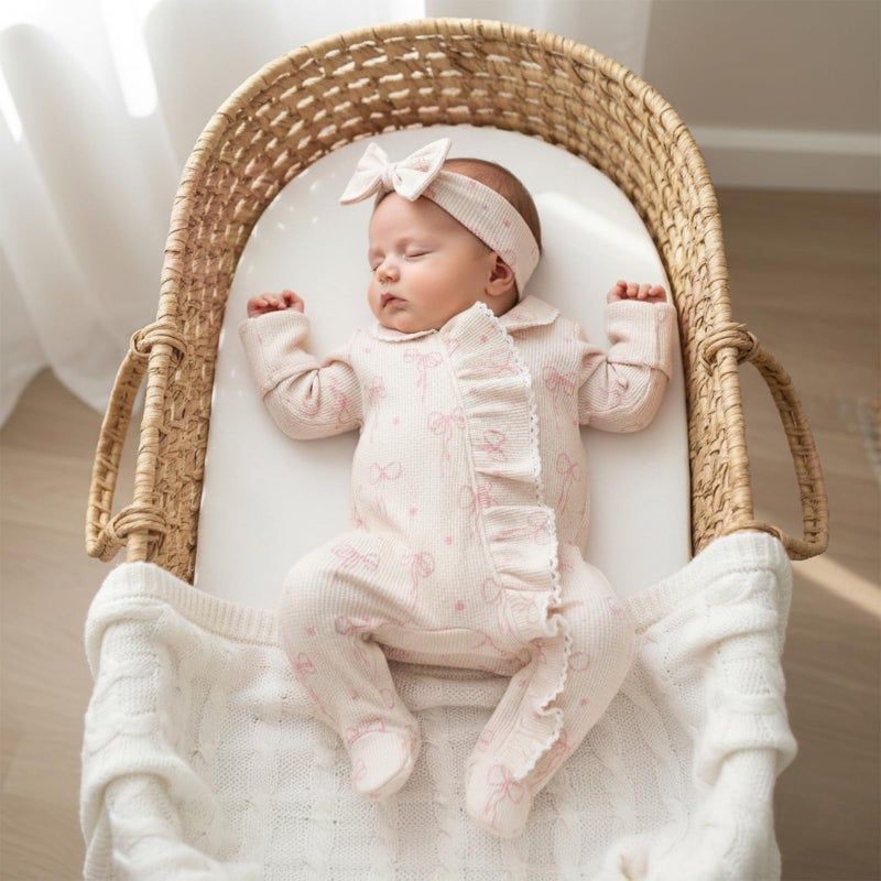 allshope Newborn Baby Girl Fall Outfit Romper Footies Waffle Bow Zip Up Footed Jumpsuit Ruffle Trim Infant Clothes (Color Khaki, 0-3 Months) - Image 4