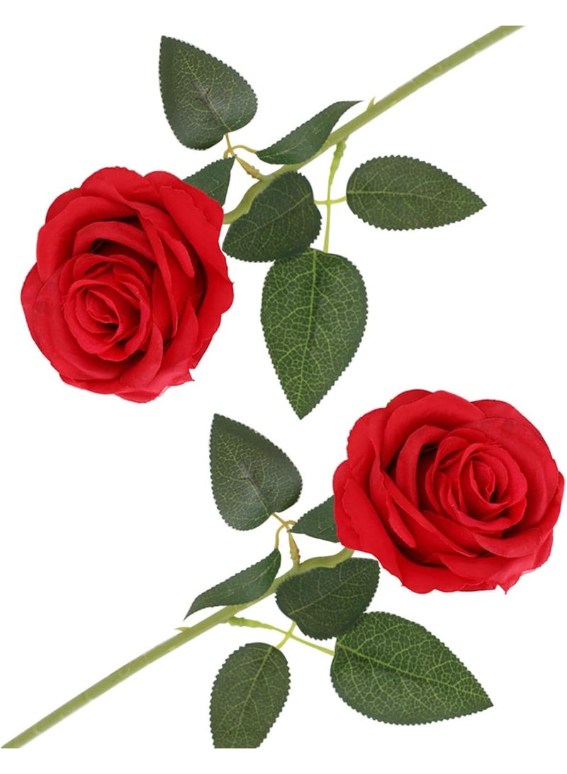 2 قطع زهور ورد صناعية حمراء بساق، واقعية للزينة - Image 1