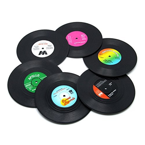 DuoMuo Coaster Set of 6 Colorful Vinyl Record Disk Coasters With Funny Labels-Tabletop Protection Prevents Furniture Damage - Image 1