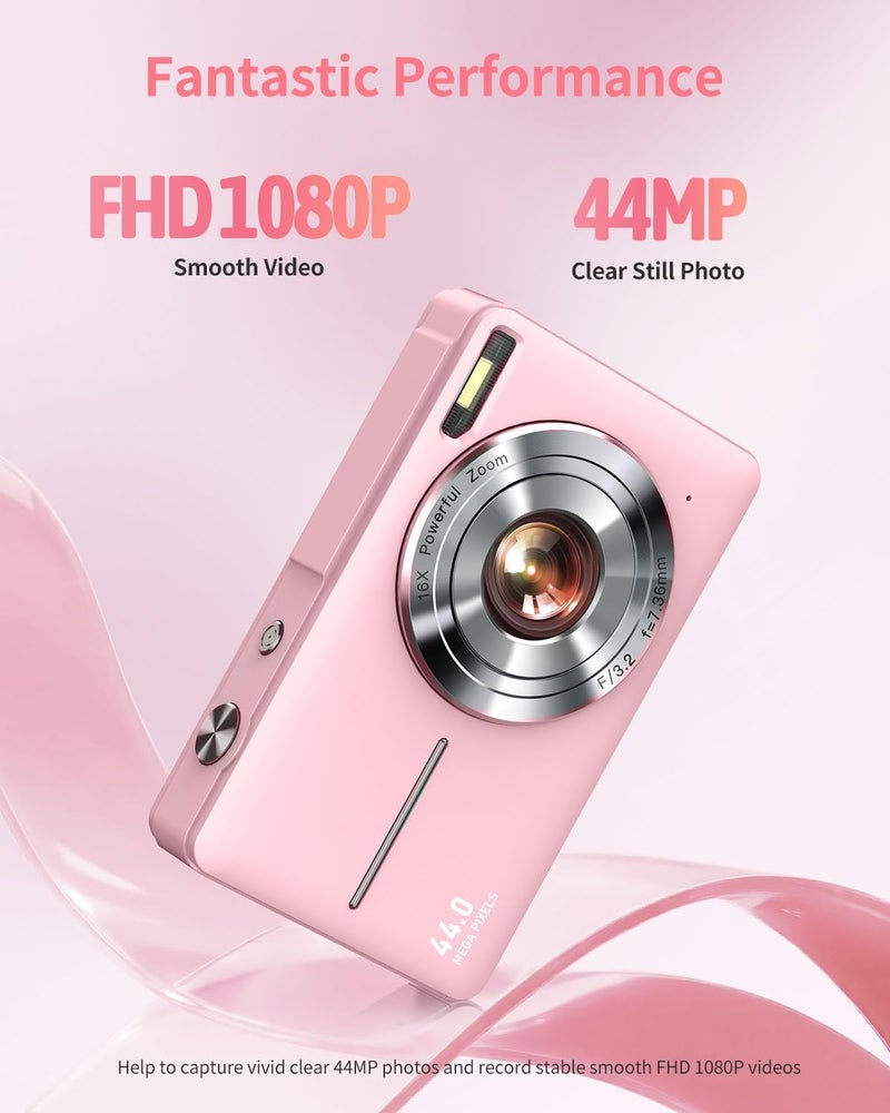 Lecran Digital Camera, FHD 1080P Point and Shoot Kids Camera, with 32GB Card, 2 Batteries, 16X Zoom Anti Shake Date Stamp, Compact Portable Small, for Starter Kid Children Teen Student Girl Boy(Pink) - Image 2