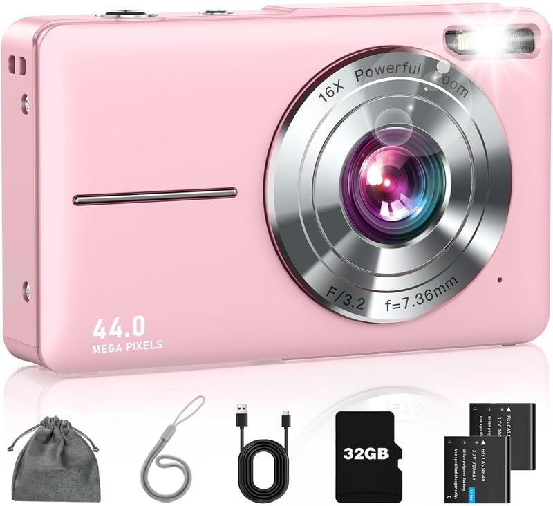 Lecran Digital Camera, FHD 1080P Point and Shoot Kids Camera, with 32GB Card, 2 Batteries, 16X Zoom Anti Shake Date Stamp, Compact Portable Small, for Starter Kid Children Teen Student Girl Boy(Pink) - Image 1