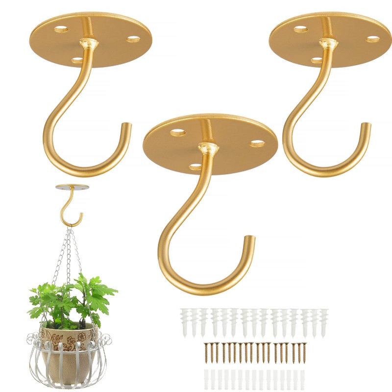 LangPu Ceiling Hooks for Hanging Plants-Metal Heavy Duty Wall Mounted Hangers for Hanging Bird Feeders, Planters, Wind Chimes, Include Professional Drywall Anchors (3-Pack) (Gold) - Image 1