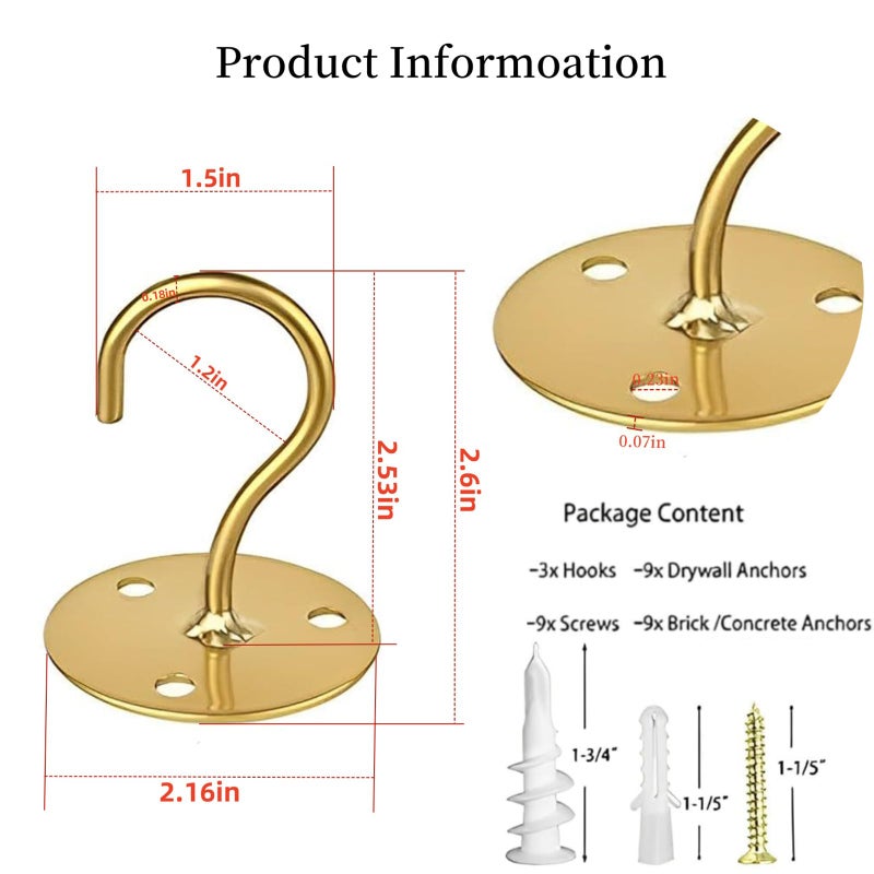 LangPu Ceiling Hooks for Hanging Plants-Metal Heavy Duty Wall Mounted Hangers for Hanging Bird Feeders, Planters, Wind Chimes, Include Professional Drywall Anchors (3-Pack) (Gold) - Image 3