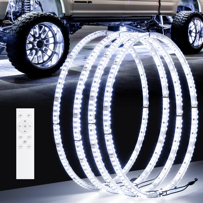 Ehaho 155 Super Bright Double Row Pure White Wheel Lights Rim Light with Remote Control IP68 Waterproof Wheel Ring Lights with Turn Braking Signal Compatible with Various Trucks SUV Car4PCS