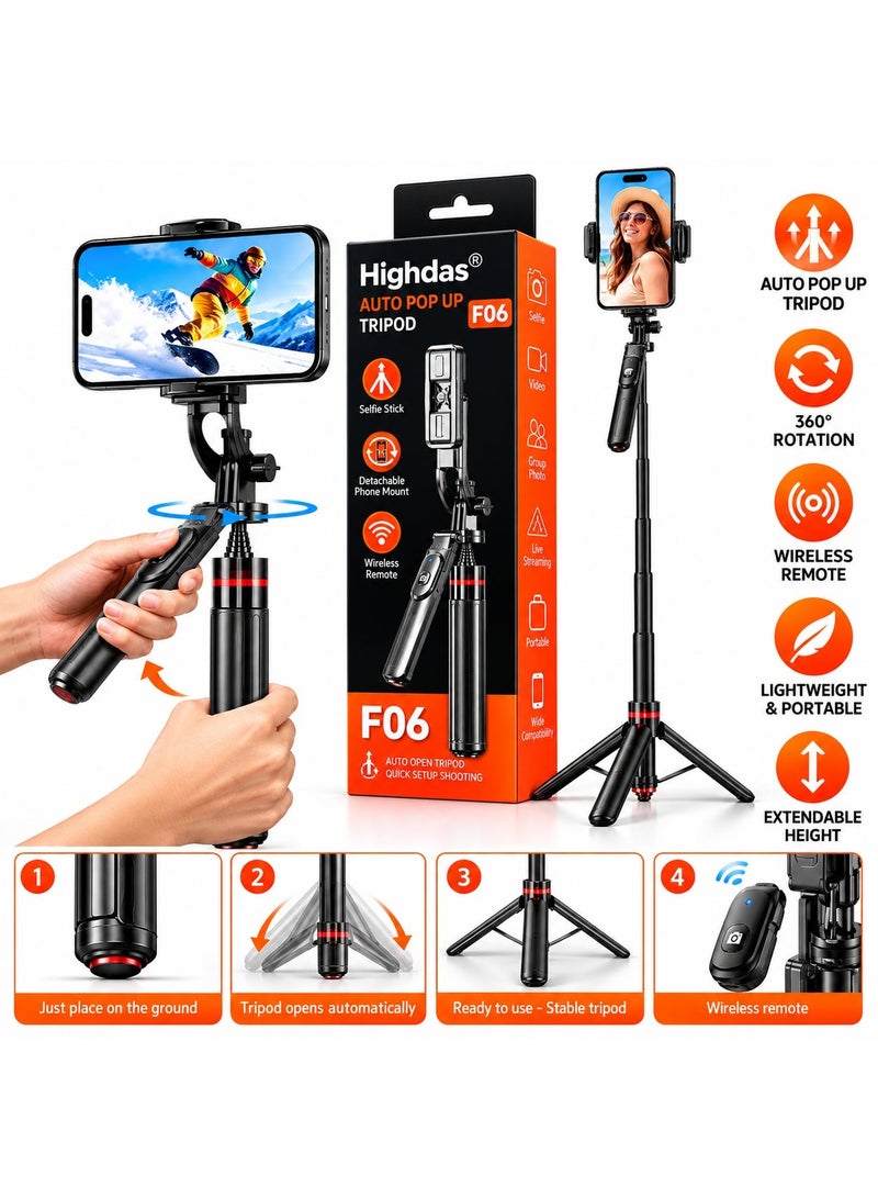 Highdas Auto Pop-Up Selfie Stick Tripod with Bluetooth Remote, 360° Rotatable Phone Holder, Extendable Foldable Stand for iPhone and Android, Travel Vlogging Live Streaming - Image 1