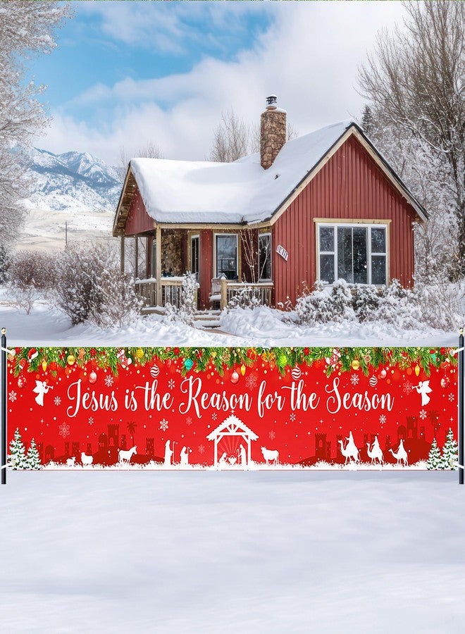 Lecheme Large Christmas Banner Jesus Is the Reason for the Season Banner 8.2x1.6 ft Christmas Fence Backdrop Outdoor Xmas Winter Holiday Decorations - Image 1