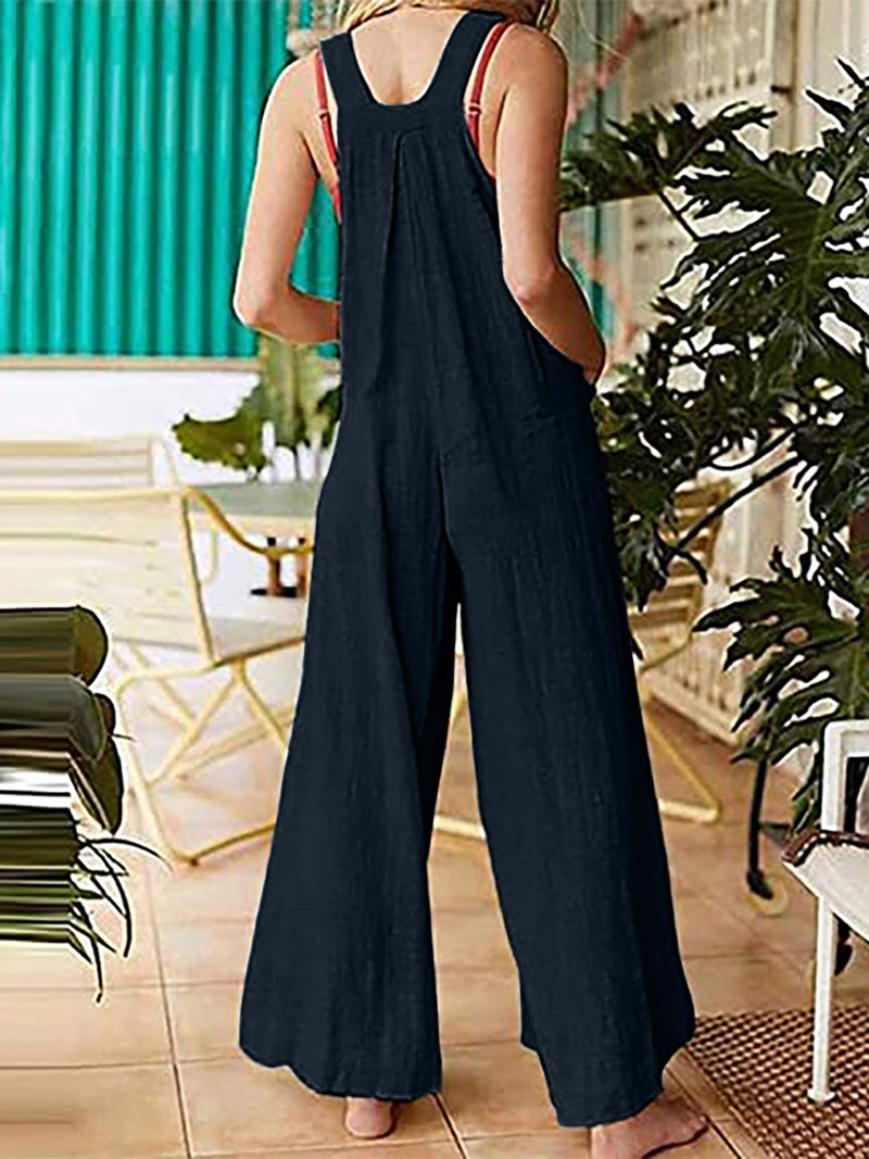 Women Jumpsuit with Pockets Sleeveless Wide Legs Plus Size Overalls - Image 3