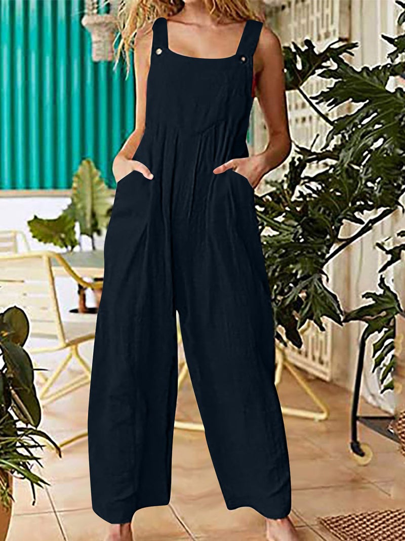 Women Jumpsuit with Pockets Sleeveless Wide Legs Plus Size Overalls - Image 4