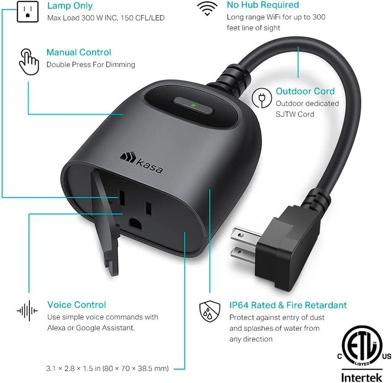 Kasa Smart Kasa Outdoor Smart Dimmer Plug, IP64 Plug- in Dimmer for Outdoor String Lights, Compatible with Alexa, Google Assistant & SmartThings, Long Wi-Fi Range 2.4Ghz, No Hub Required, ETL Certified(KP405) - Image 2