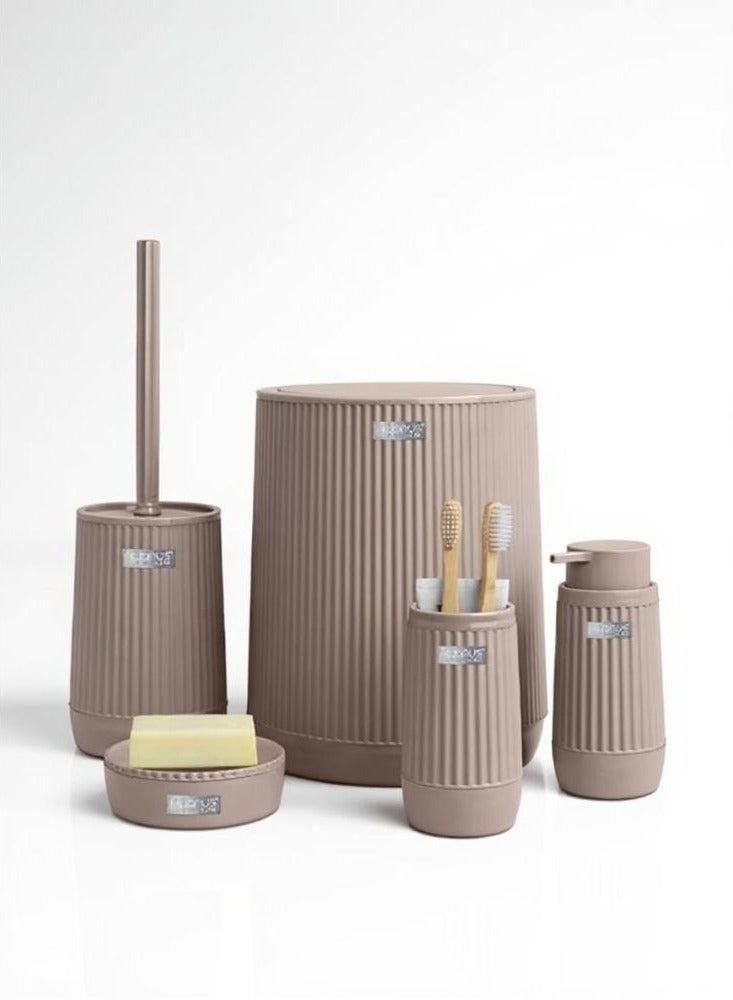 Okyanus 5 piece plastic bathroom accessories set includes toilet brush liquid soap dispenser trash bin toothbrush & toothpaste holder soap dish durable bathroom organizer kit brown - Image 1
