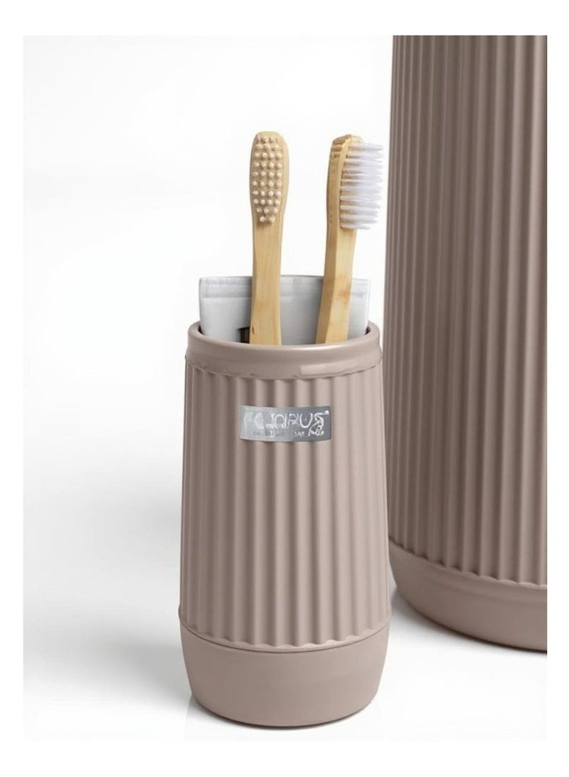 Okyanus 5 piece plastic bathroom accessories set includes toilet brush liquid soap dispenser trash bin toothbrush & toothpaste holder soap dish durable bathroom organizer kit brown - Image 2
