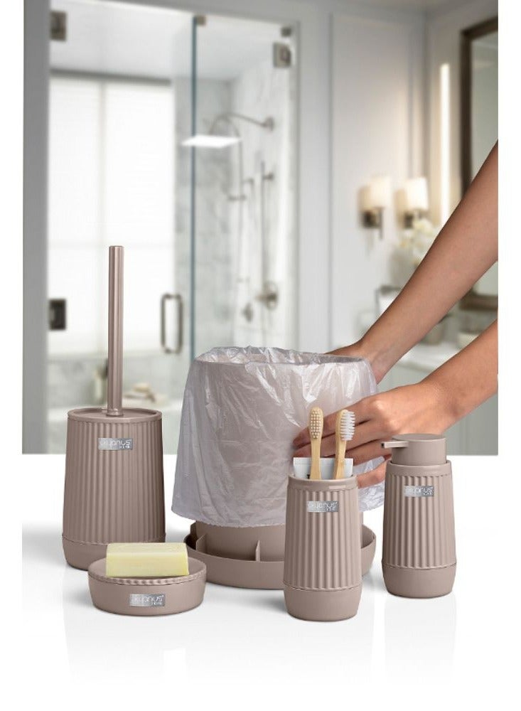 Okyanus 5 piece plastic bathroom accessories set includes toilet brush liquid soap dispenser trash bin toothbrush & toothpaste holder soap dish durable bathroom organizer kit brown - Image 4