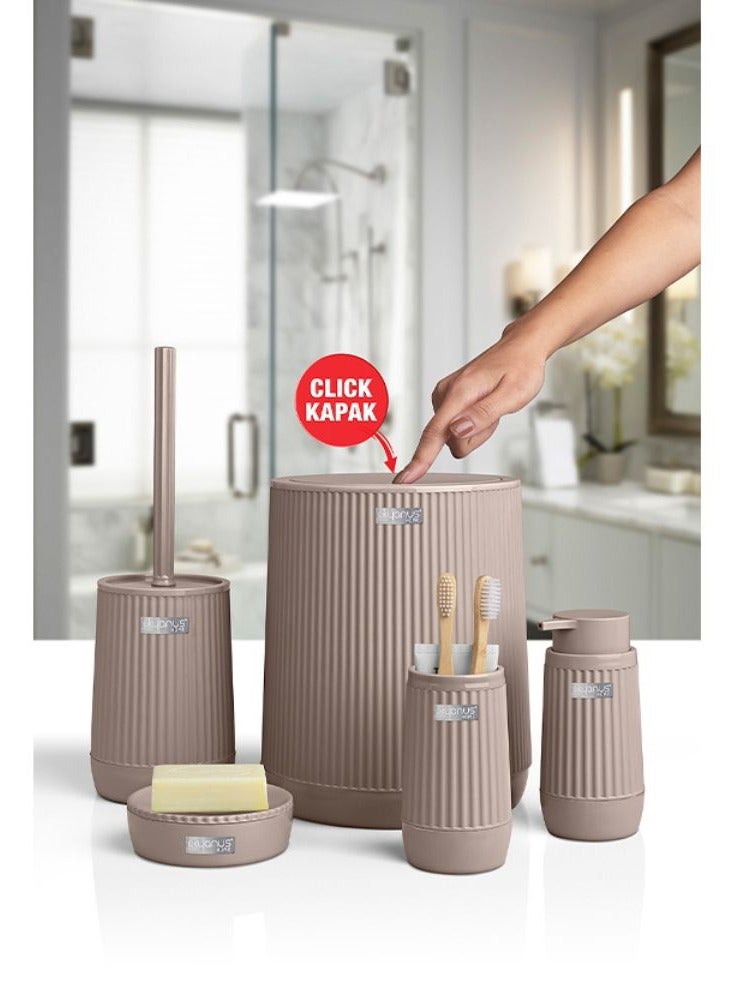 Okyanus 5 piece plastic bathroom accessories set includes toilet brush liquid soap dispenser trash bin toothbrush & toothpaste holder soap dish durable bathroom organizer kit brown - Image 5