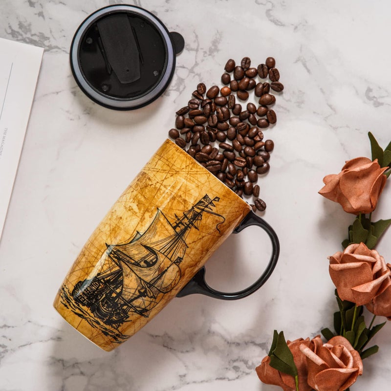 Topadorn Coffee Ceramic Mug Porcelain Latte Tea Cup With Lid 17oz, Novelty Coffee Mugs for Men Women Office & Home Sailboat - Image 5