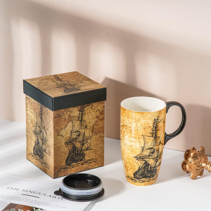 Topadorn Coffee Ceramic Mug Porcelain Latte Tea Cup With Lid 17oz, Novelty Coffee Mugs for Men Women Office & Home Sailboat - Image 3